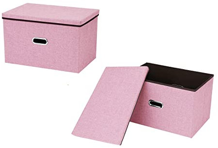 Youyijia 2 Pack Storage Boxes with Lids 45x30x30cm Large Collapsible Storage Baskets for Shelves Foldable Linen Fabric Storage Bins with Handle Cube Storage Unit for Organizing Clothes Pink