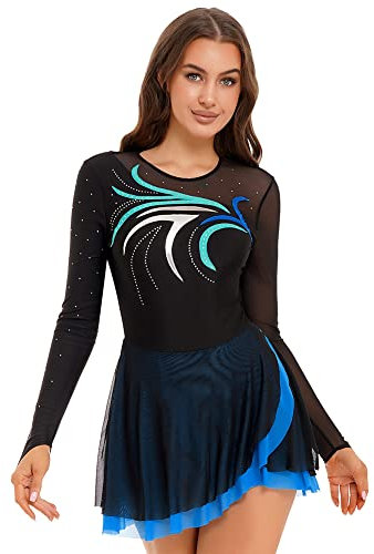 iEFiEL Damen Langarm Eiskunstlauf Kleid Glitzer Tanzkleid Strass Kürkleid Rollkunstlauf Bekleidung Tanzanzug Tanzkostüm Blau Grün M