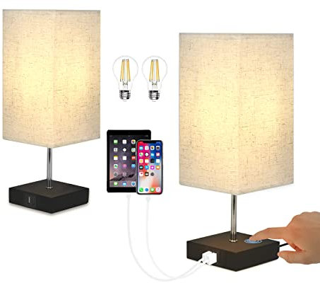 GBLY Nachttischlampe Touch Dimmbar 2er Set - Modern Tischlampe mit USB Anschlüsse Touch Nachttisch Lampe Schlafzimmer mit Ladefunktion Tischleuchte Stoffschirm für Wohnzimmer Hotel Büro