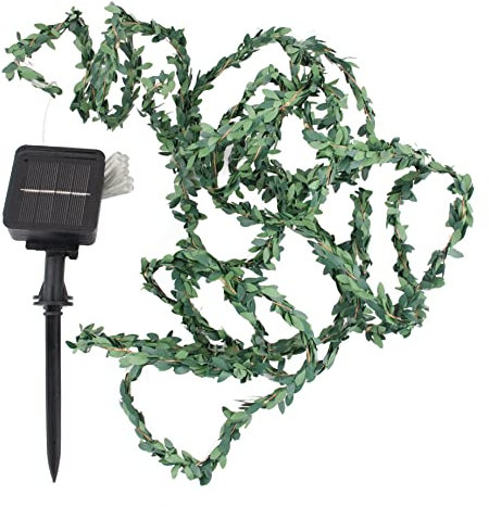 Cuerdas De Luces Solares De 2 Metros Con Hojas Verdes Artificiales - Guirnalda Impermeable Para Exteriores, Luz De Hadas Solar Con 20 LED Para Decoración De Jardín