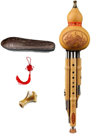 Generic Bambú Hulusi tradicional con funda, instrumento de viento profesional de bambú, flauta de calabaza para espectáculo, actuación, llave C