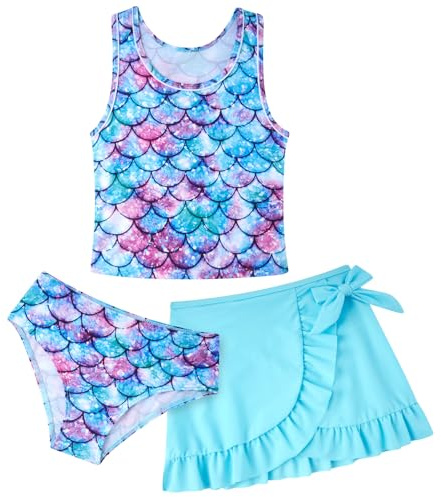 AIDEAONE Maillots de Bain pour Enfants, Bikini avec Jupe, Adorable Maillot de Bain imprimé sirène Bleue, Maillot de Bain Confortable pour Filles de 9 à 10 Ans