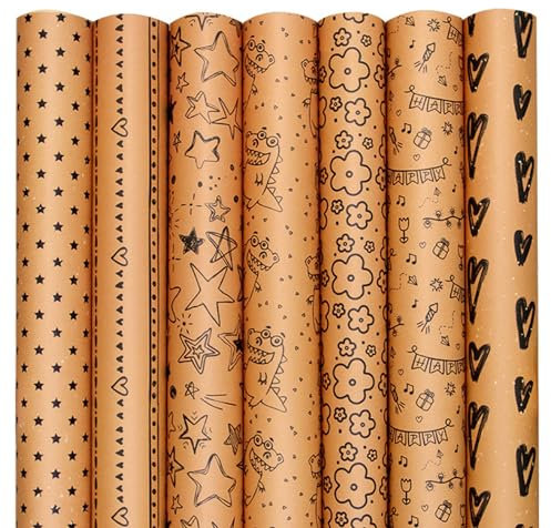 Valicaer Juego de 7 papeles de regalo, papel de regalo de papel kraft marrón, papel de regalo de cumpleaños, juego de envoltura de regalo de cumpleaños para embalaje de paquetes, artes y manualidades