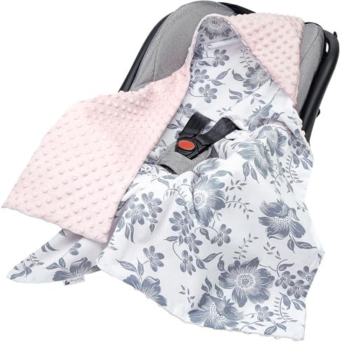 Medi Partners Einschlagdecke Baby Babyschale 100% Baumwolle für Sommer 85x85cm Kinderwagen Kuscheldecke universal Baby Decke Einschlagdecken Babydecke Buggy Autositz (Berry mit rosa Minky)