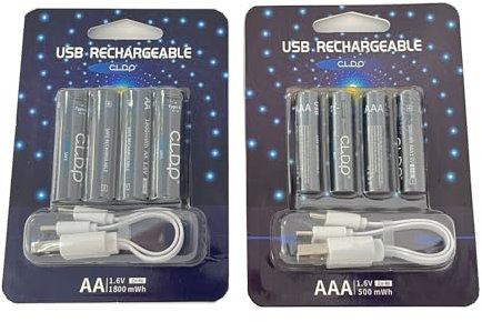 Tipo-C USB Pack 8 Pilas Recargables NI-ZN: 4 Pack AA 1,6V 1800mWh + 4 Pack AAA 1.6V 500mWh, Salida Constante y Carga Segura Incluye 2 Cable USB Tipo C (8 Unidades y Dos Cargadores)