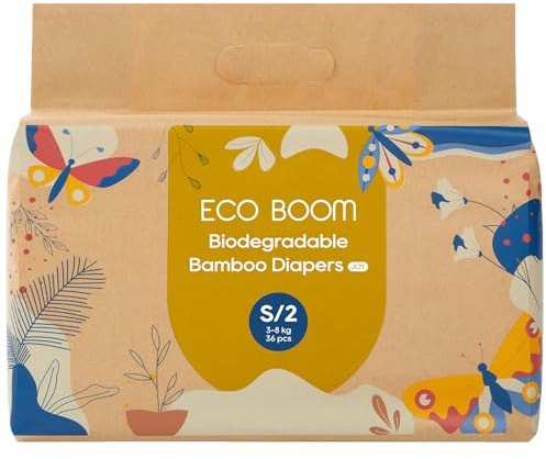 ECO BOOM Bamboo Viscose Baby Diapers, Size 2, 36 Count, Soft & Absorbent Disposable Diapers for Sensitive Skin, Breathable Leak Protection, Eco-Friendly Paper Packaging