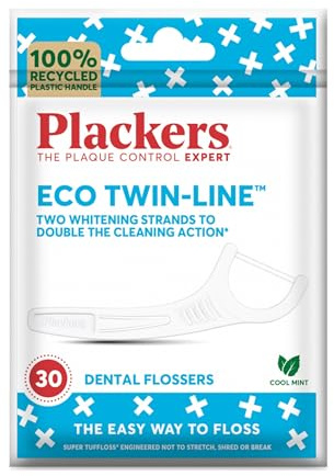 Plackers Eco Twin Line Flossers, Dental flossers, Double Cleaning Action, Two Floss Threads, the Easy Way to Floss, Folding-Out Toothpick, Recycled Plastic Handle