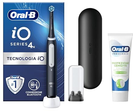Oral-B Spazzolino Elettrico Ricaricabile iO 4 Nero, 1 Testina Di Ricambio, 1 Custodia Da Viaggio +Dentifricio Oral B Pro-Science Protezione Gengive Pulizia Profonda 75ml