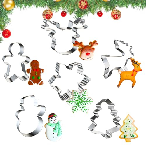 Taozoey Moldes Galletas Navidad, 6 Cortador de Galletas Navideñas de Acero Inoxidable, Hombre de Jengibre, Árbol de Navidad, Muñeco de Nieve, Renos, para Tarta Galletas Hornear