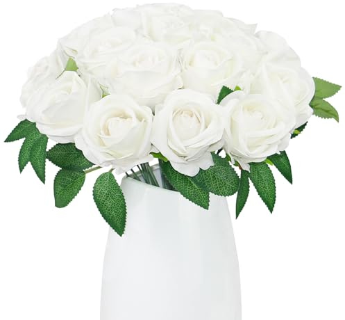 Olrla 20pcs Fausses Roses Fleurs, Artificielles Velours Tête De Roses Rouges DIY pour Bouquets De Mariage, Saint Valentin, Décorations De Fête À La Maison, Arrangement De La Flore (Blanc)