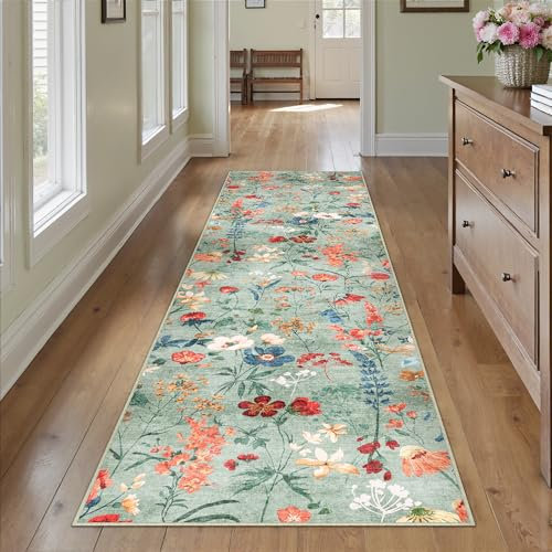 HUGEAR Alfombra Larga Pasillo Verde Antideslizante Lavables en Lavadora Carpete Cocina Comedor Habitacion Tapetes Moderno Flor Pelo Corto Tapete 60x240cm