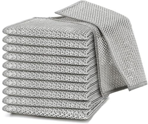 10Pcs Double Layer Wire Cleaning Cloth - Non Scratch Steel Wire Dishwashing Rag/Reusable Metal Mesh Wash Cloth Washing Dishcloth Rag Towel for Kitchen Cookware Dish Sink Stove Top (10)