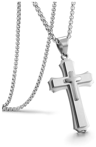 Jovivi Mens Cross Necklace for Men,Stainless Steel Silver Cross Crucifix Pendant Chain Necklace for Boys Men's Jewellery Christmas Christian Gifts Him Men
