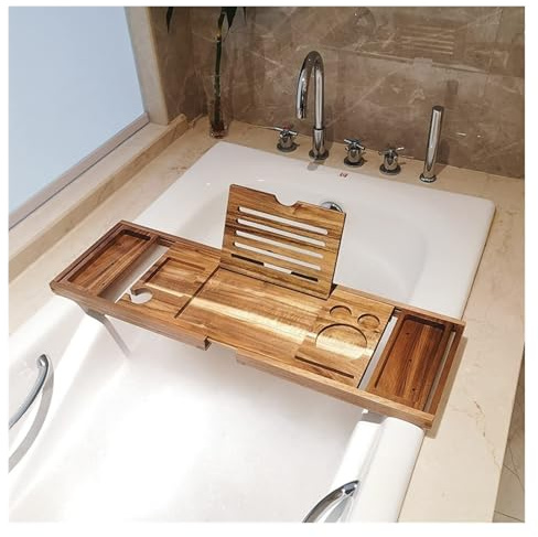 Plateau de baignoire réglable en bambou – Fait à la main – Baignoire en acacia pour vin, téléphone, tablette, livre et ordinateur portable – Accessoire multifonction pour la maison, le spa, la salle