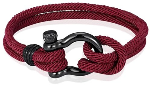 LGT JWLS Bracciale nautico da uomo in paracord e acciaio inossidabile con ancora, colore bordeaux - 21 cm