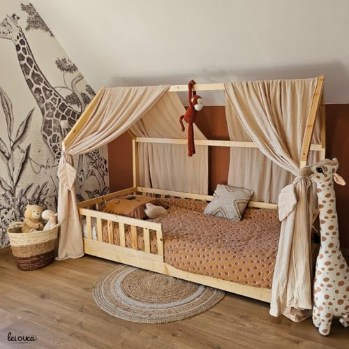 Lelouca Ciel de lit cabane,100x350 cm, Coton Biologique Beige, décoration pour Chambre bébé ou Enfant. Inclus : 2 Toiles lit cabane; 2 Feuilles de décoration et Les Attaches Pratiques.