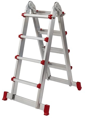 Escalera Plegable Aluminio Telescopica Extensible Multiposicion de 4 Metros 4x4 Peldaños Tipo Andamio Escadote Plataforma De Trabajo Compacta con Seguros De Bloqueo Y Tacos Antideslizantes Ladder