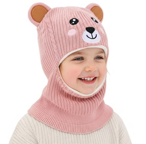 AYPOW Bambini Cappello Inverno da 1 a 7 Anni Caldo Berretto Fodera in Pile Antivento Cappuccio con Morbido a Maglia Sciarpa con Orecchie Animale Passamontagna Bambini Ragazzi Ragazze