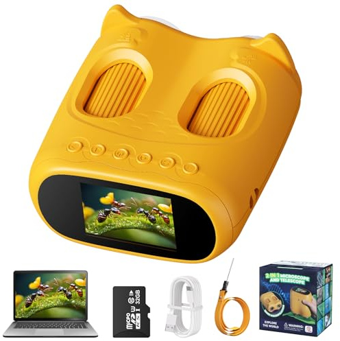 Cheffery 2 in 1 Microscopio Bambini e Telescopio, Microscopio Digitale Bambini con Scheda 32GB, 1000X Microscopio Portatile con Schermo IPS da 2,0 Pollici e 8 Luci LED, Regalo per Bambini dai 3 Anni
