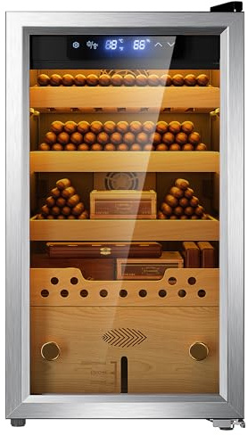 Tehanld Electric Climate-Controlled Storage Cabinet with Compressor Cooling – Precision Humidity Control, 40L Cedar Wood Shelves, Premium Desktop Storage Case (Silver, 350 Count Capacity)