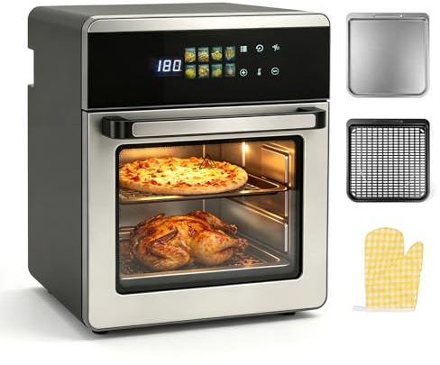 varmluftsfritös 16 liter rostfritt stål 8-i-1 multifunktionell ugn varmluftsfritös ugn airfryer, grillning, bakning, inklusive bakplåt, torkplatta, ugnsgaller, rostfritt stål