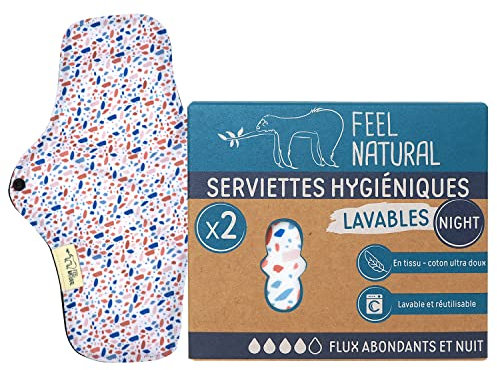 PHARMA'PROTECT- Lot de 2 Serviettes Hygiéniques Lavables - Pour Flux Abondants - Taille Nuit - 100% Coton Ultra Doux - Anti-Fuite - Pliable - Absorption Optimale - Membrane Imperméable