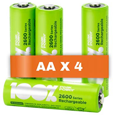 4 x Pilas Recargables AA 100% PeakPower 2600 Series | Capacidad mínima Garantizada 2300 mAh NiMH | Pilas AA Recargables Que Vienen precargadas Listas para Usar | Bajo Nivel de autodescarga