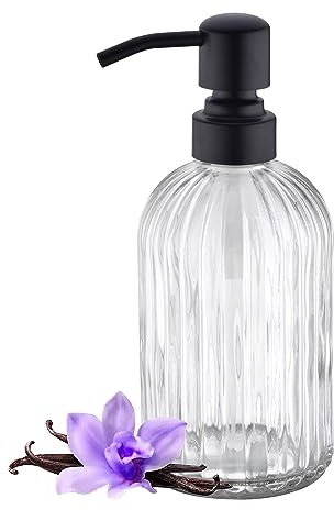 Leetcp 16Oz Bathroom Glass Soap Dispenser with Black Rust Proof Pump,Premium Kitchen Soap Dispenser with Vertical Stripe, Lotion Dish Dispenser for Modern Home Decor, Countertop, Hotel