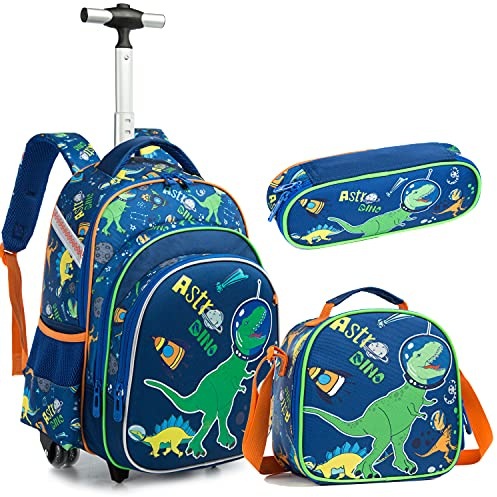 Kids School Book Bags for Girls Boys Children's Luggage Dinosaur Backpack Lunch Box Boys Rolling Backpack with Wheels for Girls Trolley Backpack Travel Suitcase Wheeled for Laptop Case Wheels Blue