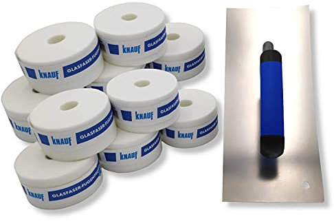 DEWEPRO® Trockenbau Glättekelle konkav inkl. 10x Knauf Glasfaser Fugendeckstreifen je 25m - Glattkelle mit 2 konkaven Seiten - Aufziehglätter aus Edelstahl mit abgerundeter Ecke