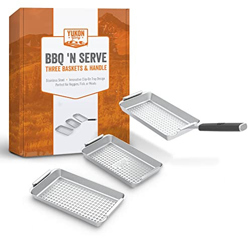 Yukon Glory GRILL 'N SERVE GrillkorbSet inkl. 3 Grillkörbe und ClipOnGriff revolutionärer zum Patent angemeldeter Grill auf TischDesign perfekte Grillpfanne zum Grillen von Fischgemüse und Fleisch