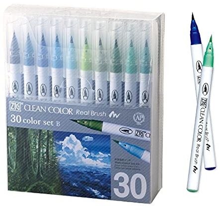 Kuretake ZIG Clean Color Real Brush, NEW 30 colors set B, Flexible Brush Tips, Watercolor Pens for Painting, Drawing, Calligraphy and Brush Lettering for Artists, Made in Japan