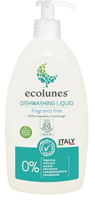 Ecolunes detersivo per piatti non profumato ipoallergenico, ingredienti naturali al 99,5% creato appositamente per le persone con pelle sensibile, non provoca allergie, 500ml
