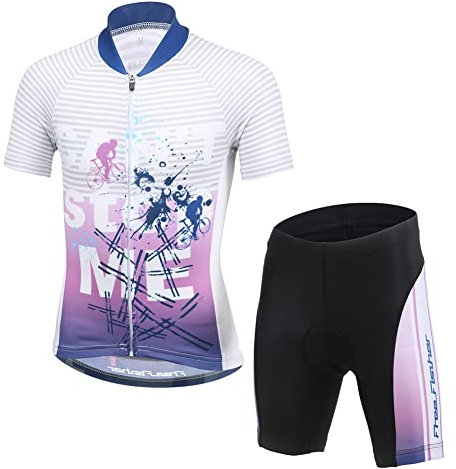 LCIGIA Kinder Fahrrad Trikot Set Jungen Radtrikot Schnell Trocknend Fahrradtrikot Mädchen Atmungsaktiv Kurzarmtrikot + Kurz Radhose mit 3D Sitzpolster Radsport Anzüge, Violett, 146