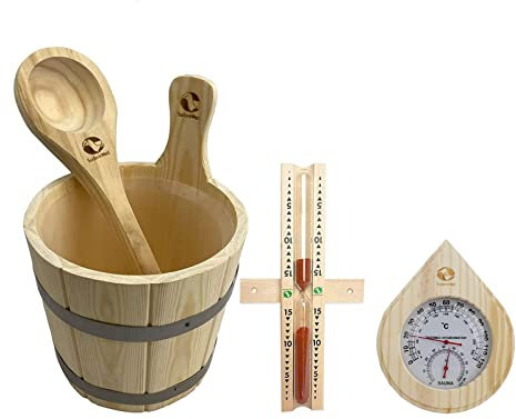 SudoreWell® Sauna Set mit Saunakübel 3 Liter inkl. Einsatz Saunakelle, Sanduhr Exklusiv 15 min. roter Sand und Sauna Klimamesser Thermometer/Hygrometer Drop aus hellem Kiefernholz
