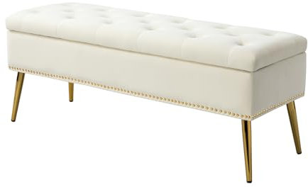 HULALA HOME Sitzbank mit Stauraum, Sitztruhe mit Nailhead-Besatz, Bettbank aus Samt, Bank mit goldenen Metallbeinen für Flur, Eingangsbereich, Wohnzimmer, Schlafzimmer, Weiß