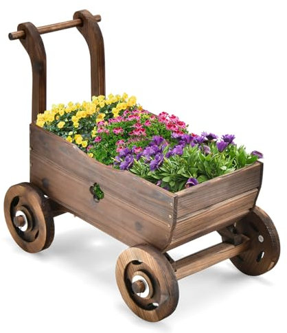 SOARS Jardinera de Madera Macetero Exterior en Forma de Carrito, Soporte de Carrito de Jardín con Ruedas, Asa y Agujeros de Drenaje, Decoración de Jardín, 68 x 38,5 x 53,5 cm