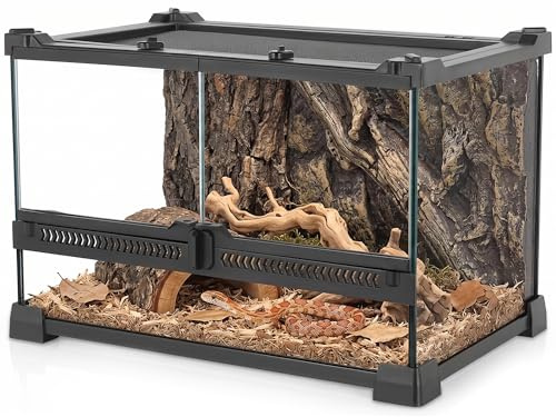 NEPTONION 12x8x8 Reptile Terrarium, Double-Door Glass Terrestrial Vivarium for Burrowing Snakes Such as Hatchling Hognose Snakes, with Lock, Cable Port & Waterproof Deep Base Below Front Doors
