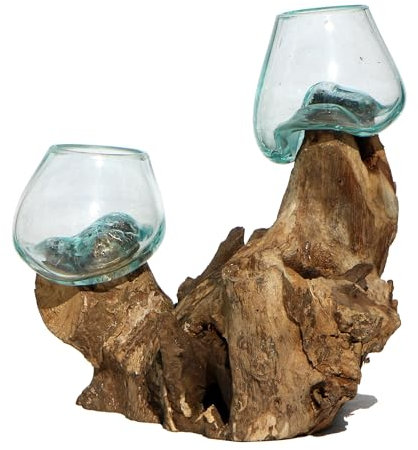 Wogeka - Doppel Glas-Vase (Ø Glas 7 cm) auf Wurzel-Holz - Handarbeit im modernen Style als Geschenk-Idee zur Deko Do07