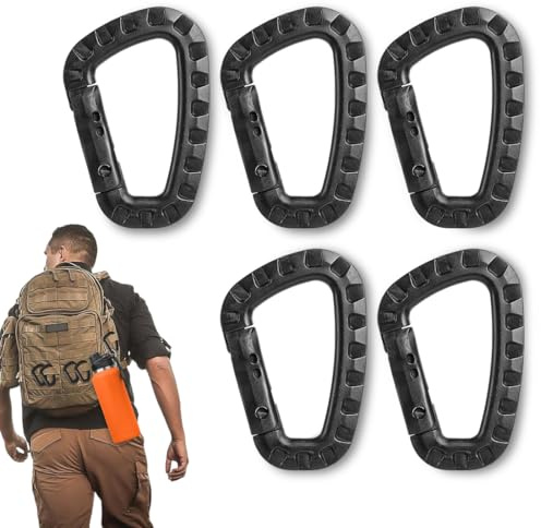 XOXVURI 5er Set ABS-Kunststoff-Karabiner, Schwarz, D-Form, UV-beständig, 25 Pfund Tragfähigkeit, für Outdoor, Camping, Wandern, Angeln, Rucksack
