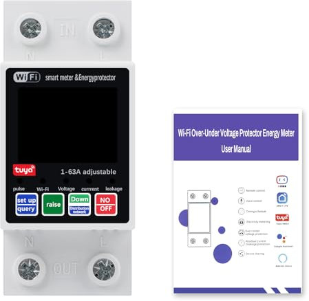 DeWin Compteur Intelligent d'énergie, Tuya WiFi commutateur de Mesure Intelligent sans Fil Disjoncteur de Protection 2P AC230V 63A écran rétroéclairé