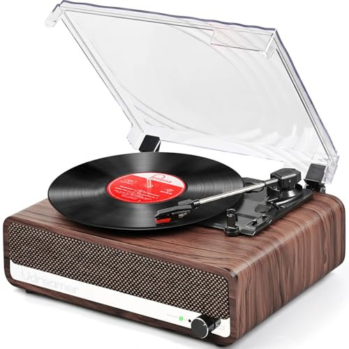 Udreamer Plattenspieler mit Lautsprecher Bluetooth Plattenspieler Vintage Vinyl Player Unterstützt USB AUX-Eingang Kopfhörer RCA Line-Out 3 Geschwindigkeiten Riemenantrieb Spiegeldesign Nussbaum