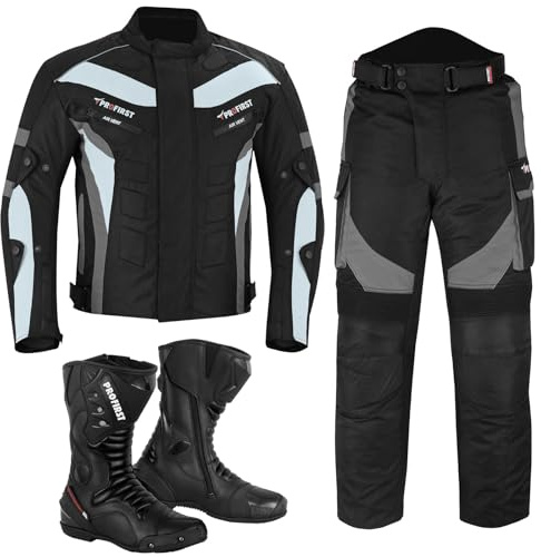 Motorcycle Suit Waterproof Motorbike Jacket for Men Boy CE-Armoured 2-Piece Motorbike Suits Cordura Rider Jacket with Motorcycle Trouser & Boots (UK, Alpha, L, Regular, Regular, Grey)
