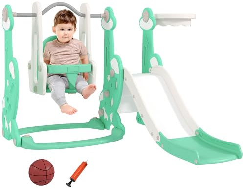 Qaba 4 in 1 Toddler Slide and Swing Set, Indoor Kids Slide for Ages 1.5-4, Toddler Playset Playground with Climber, Basketball Hoop, Rocket Themed, Green