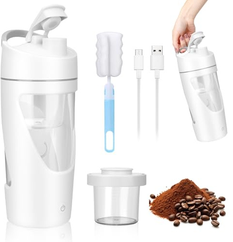 QCXWCJWD Electric Protein Shaker Bottle 700ml, Rechargeable Blender Mixer Cup with 200ml Storage Protein Shakes & Smoothies, Portable Leakproof Shaker Cups for Gym Sport Travel,BPA-Free (White)