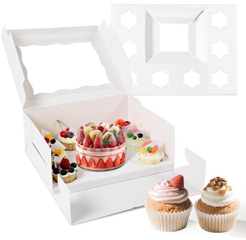 CHENZEM 10 Packs Bento Cake and Cupcake Box 9 Holes Fit 8 Cupcakes and 1 Mini Cake Box with Clear Window and Stickers for Cake Cupcake Cookie or Valentine'Day Mother’Day. (1+8/10pcs)