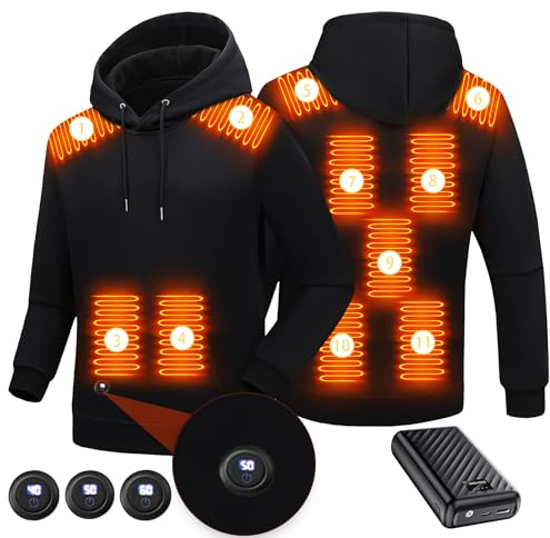 Sweat à Capuche chauffante avec batterie 27000mAh 7.4V 11 Zones Chauffage affichage LED,Électrique Manteau Chauffant Homme Femme (FR/ES, Alpha/lettres, TG, Taille normale, Taille normale, Noir)