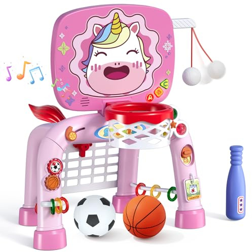 HYES 3 in 1 Kinder Basketballkorb Set mit Fußball Baseball, Basketballständer mit Fußballtor, Mini Basketballkorb, Kleinkind Lernantivitäten Spielgeräte Geschenk für Baby Junge Mädchen Indoor Outdoor