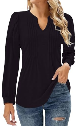 Uwdiohq Chemisier Femme Chic et Élégant - Blouse Femm - Haut à Manches Longues Col V Tunique Fluide T-Shirt Couleur Unie Blouse Plissé Casual