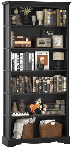 TVU 6-Tier Wooden Bookshelf, 76 Inch Tall Bookshelf with Storage, Floor Standing Modern Style Display Bookcase for Living Room, Office, Study Room, Entryway, Black